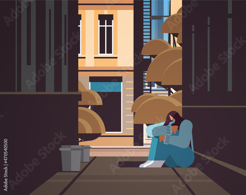 sad woman depressed girl sitting on street near building loneliness depressive disorder problem mental health diseases