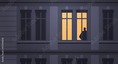 depressed guy silhouette standing in house window loneliness depressive disorder problem mental health diseases