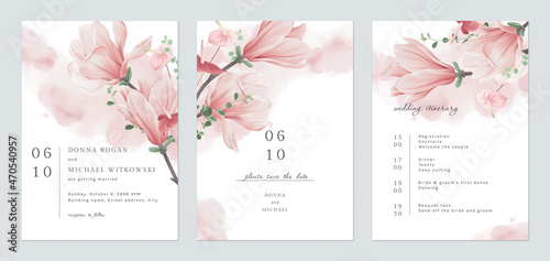 Floral wedding invitation card set template design, pink watercolor decorated with magnolia liliiflora flowerss on white