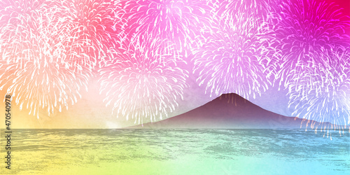 富士山　花火　新年　背景