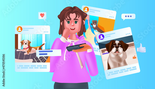 woman using online application with dogs on digital gadget social media network concept horizontal portrait