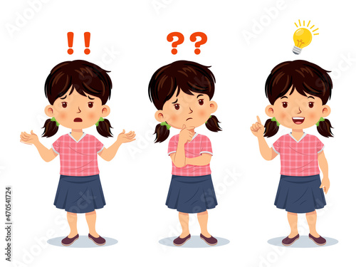 Cute little girl stand confused, thinking, and understand. Vector illustration