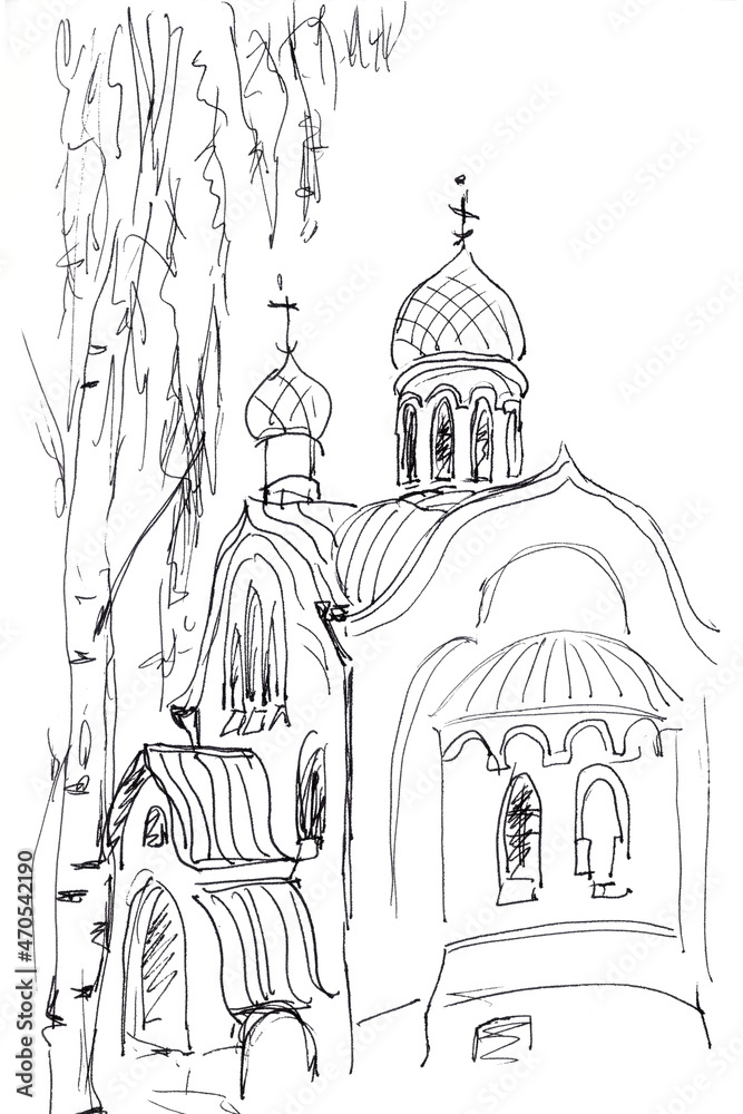 Orthodox chapel graphic monochrome drawing, travel sketch