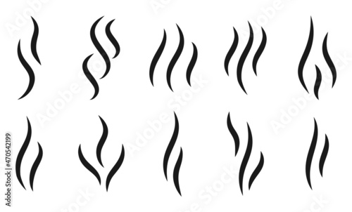 Aromas wavy icons set. Black silhouette steam, symbol smell smoking or stench. Simple template odour coffee or tea, perfume scent. Sign heat water or hot smoke. Isolated on white vector illustration