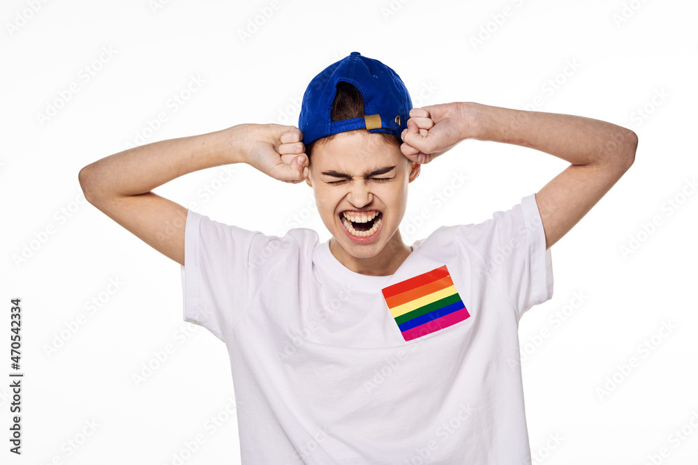 woman wearing white t-shirt lgbt flag inventor community woman wearing white t-shirt lgbt flag inventor community
