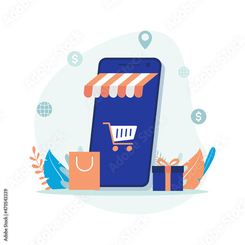 E-commerce, online shopping vector illustration. Smartphone with cart and shopping bag icon. Flat design suitable for many purposes.