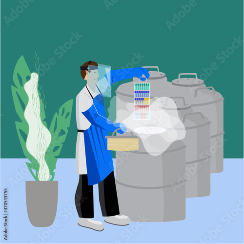 Doctor in CRYO BANK embryologist holding tubes with freezing biological (sperm, embryo, eggs)