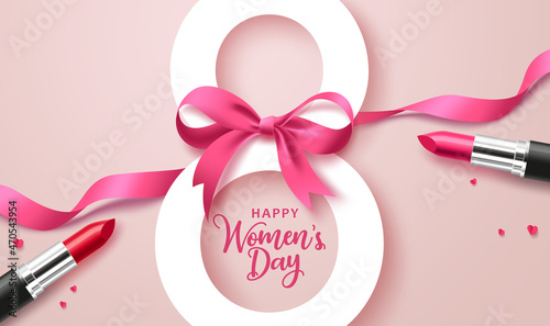 March 8 women's day vector concept design. Women's day greeting text with pink ribbon and lipstick elements decoration for international celebration background design. Vector illustration.
