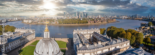 Fotografiet Panoramic aerial view of Greenwich Old Naval Academy by the River Thames and Old