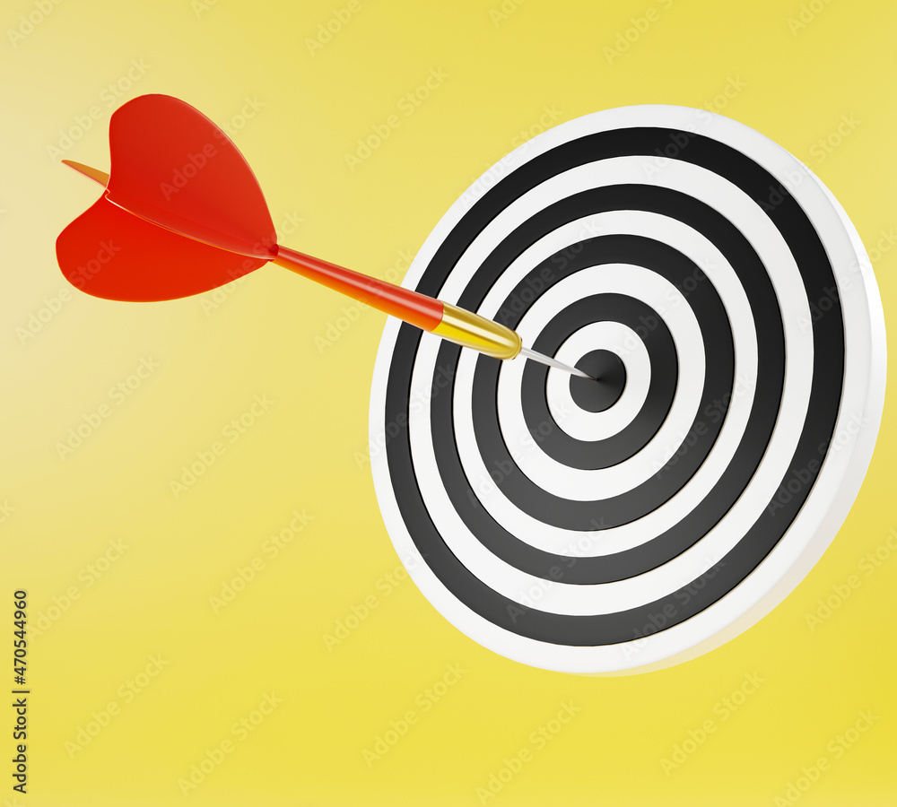 Dart arrow hitting to center on bullseye (bull's-eye) dartboard is target of purpose challenge business on yellow background, expert marketing strategy target, objective goal success, 3D rendering Dart arrow hitting to center on bullseye (bull's-eye) dartboard is target of purpose challenge business on yellow background, expert marketing strategy target, objective goal success, 3D rendering
