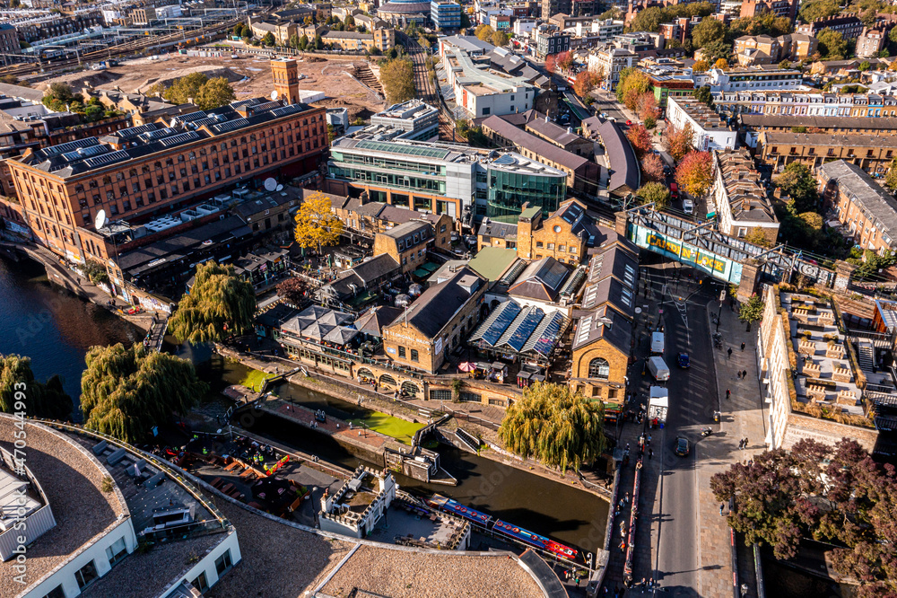 Aerial view of the Camden Lock Market in London, United Kingdom. Video of the Camden Town in London.