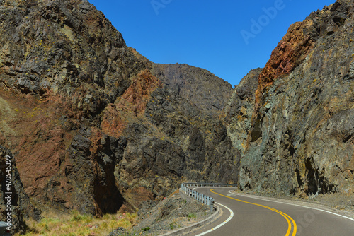 The winding road through the rocky landscape on the way from the Paso de San Francisco mountain pass, Catamarca Province, Argentina
