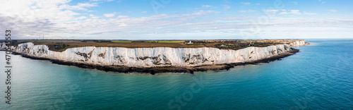 Aerial view of the White Cliffs of Dover. Close up view of the cliffs from the sea side. England, East Sussex. Between France and UK