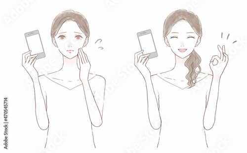 スマホを持つ女性のセット 困っている女性とOKサインを出している女性