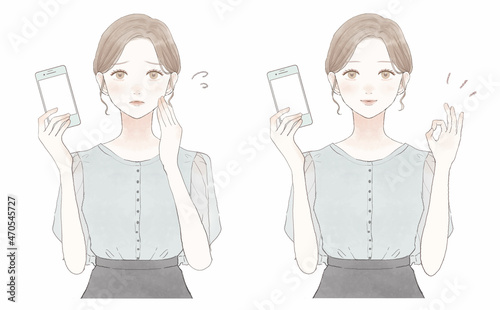 スマホを持つ女性のセット 困っている女性とOKサインを出している女性