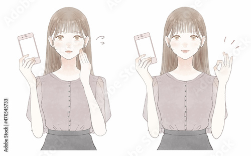 スマホを持つ女性のセット 困っている女性とOKサインを出している女性