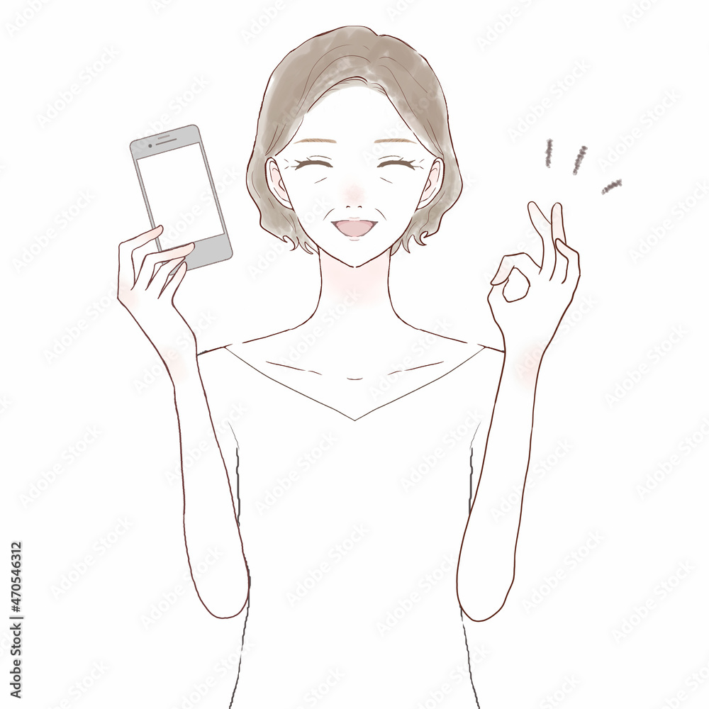 スマホを持ってOKサインを出している中年女性