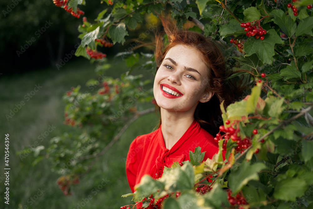 smiling woman red lips posing nature fresh air summer smiling woman red lips posing nature fresh air summer