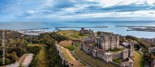 Aerial view of the Dover Castle. The most iconic of all English fortresses. English castle on top of the hill.