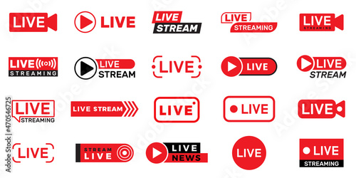 Live streaming set red icons. Play button icon. Set of video broadcasting and live streaming icon. Button, red symbols for TV, news, movies, shows. Live Play button icon vector