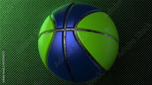 Blue-green basketball on metallic green dots wall under spot light. 3D illustration. 3D high quality rendering. © DRN Studio
