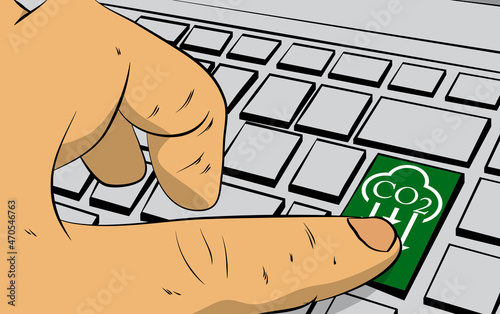 CO2 emission sign, Carbon dioxide icon on computer keyboard. Man push keypad on laptop. Comic book style concept.