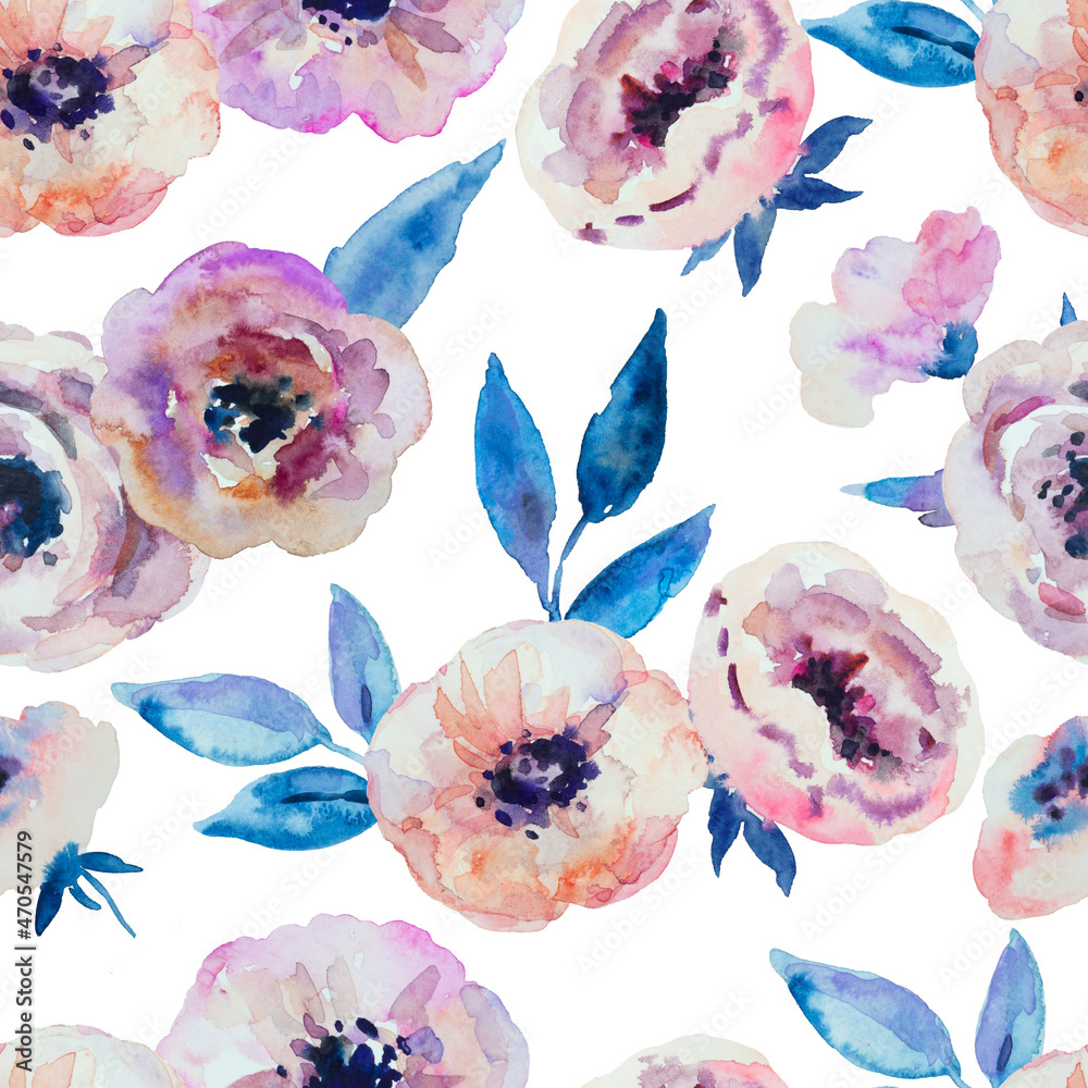 Obraz Watercolor seamless pattern with abstract delicate anemone flowers.