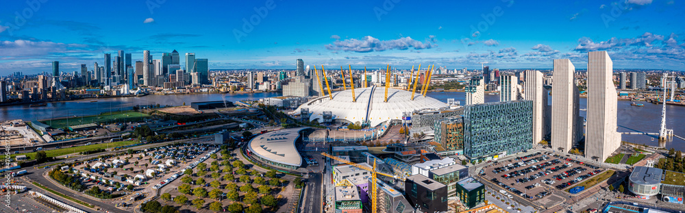 Aerial bird's eye view of the iconic O2 Arena near isle of Dogs and Emirates Air Line cable car in London, United Kingdom - obrazy, fototapety, plakaty 
