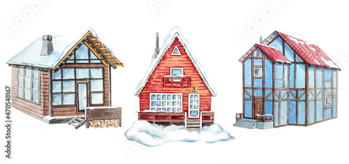 Collection of winter houses. Watercolor cottage, mountain house, snow buildings