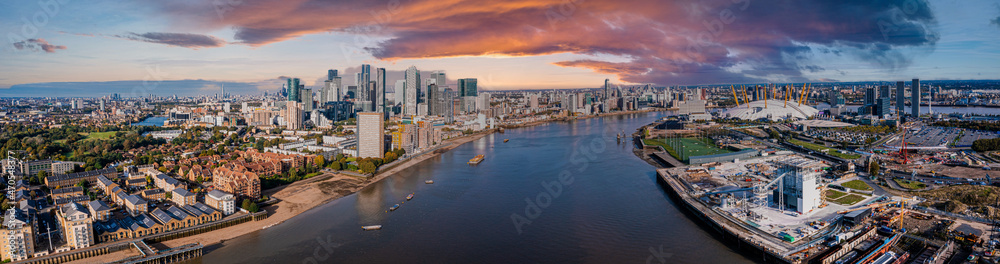 Aerial panoramic view of the Canary Wharf business district in London, UK. Financial district in London.