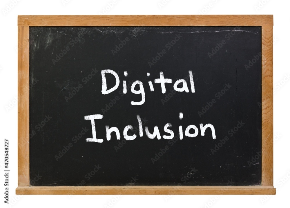Digital Inclusion written in white chalk on a black chalkboard isolated on white