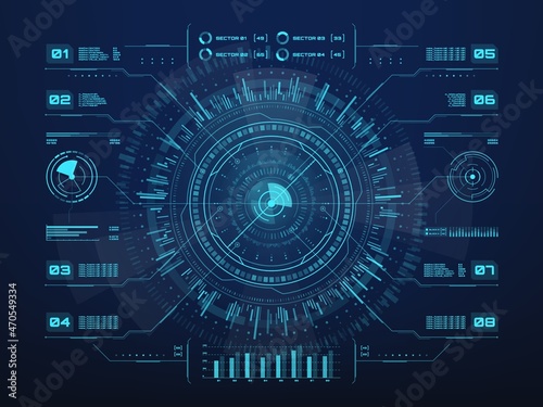 Futuristic infographics of HUD ui interface, vector visual business data charts and information graphs. Digital screen hologram of circular diagram with dashboard panel statistics info bars