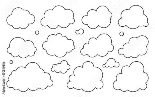 Cloud black line set. Climate weather cloudy icon. Blank form web storage meteorology database. Cartoon sign simple news dialogue banner. Fill sticker image software thin stroke isolated on white