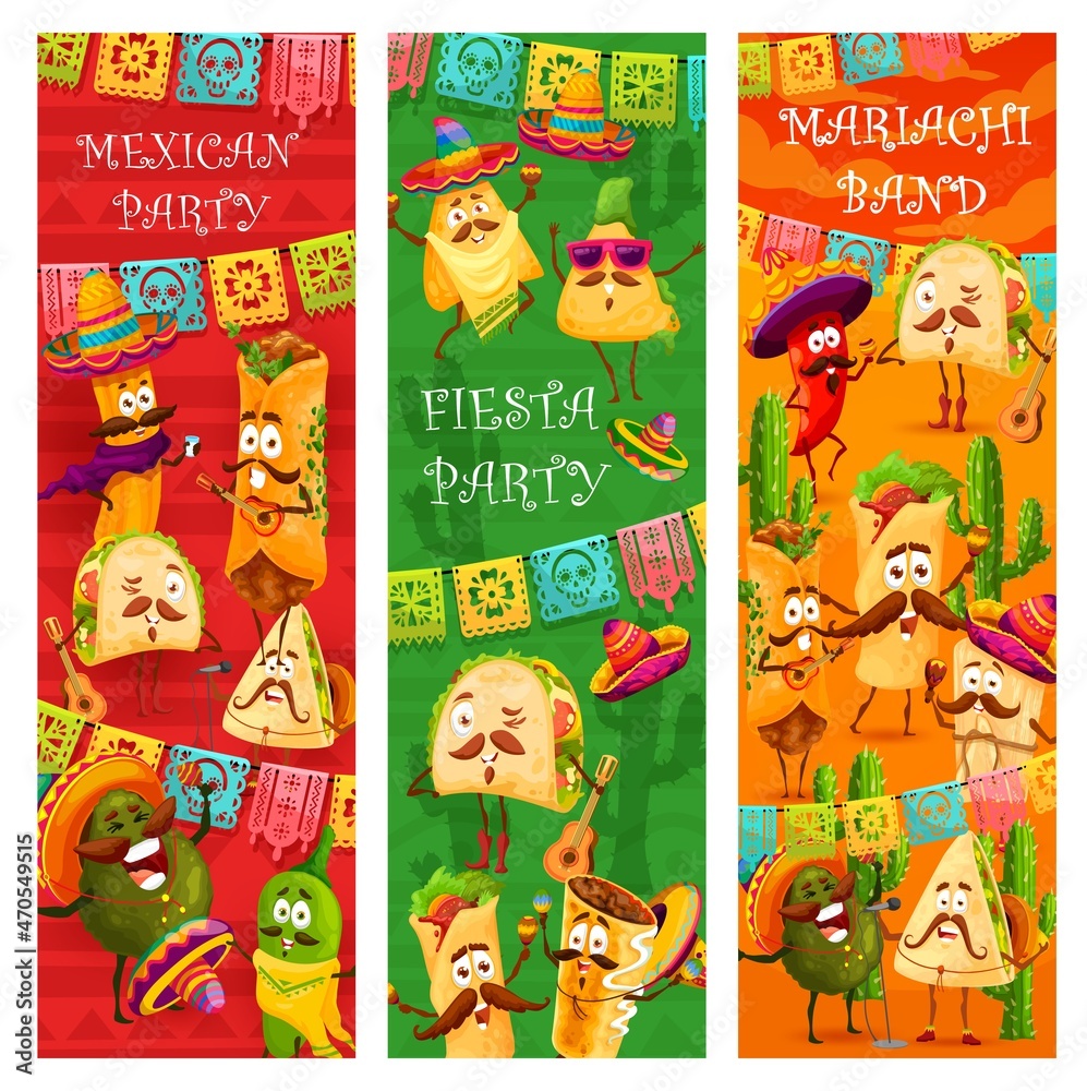Mexican fiesta party with cartoon funny mariachi food characters ...