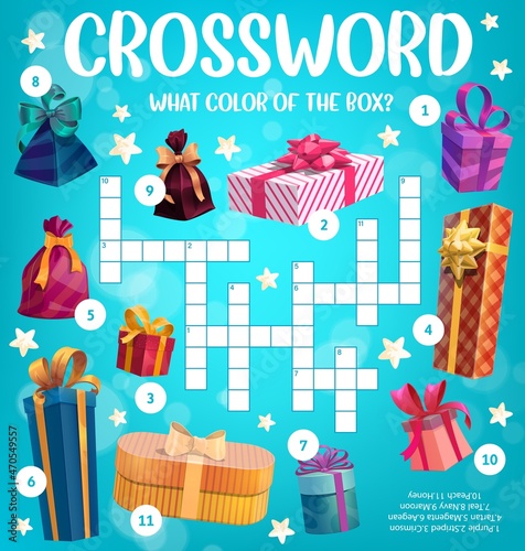 Birthday and Christmas gifts crossword puzzle worksheet, vector find quiz game grid. Kids crossword riddle to guess and find colors of Xmas holiday or new year gifts and present boxes in wrappers