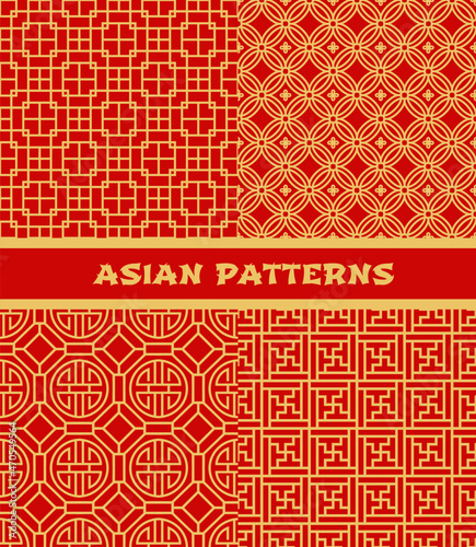 Traditional Asian seamless patterns. Korean, Chinese and Japanese ornament. vector red patterns. Oriental wallpaper or golden background with asian knot and geometric ornament