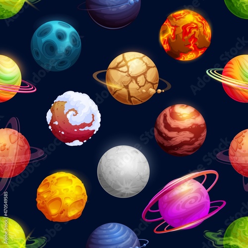 Cartoon futuristic planets, stars seamless pattern, vector galaxy background. Cosmos asteroids and fantasy space planets with satellite meteorites, meteors and comets, cartoon sky pattern