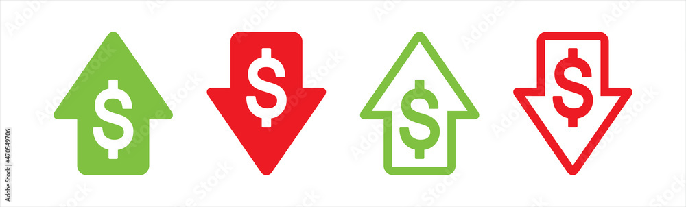 Cost rising icon. Profits Increase icon. Dollar exchange rate up, rate down vector illustration. Cost rising icon. Profits Increase icon. Dollar exchange rate up, rate down vector illustration.
