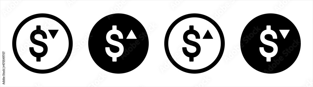 Cost rising icon. Profits Increase icon. Dollar exchange rate up, rate down vector illustration. Cost rising icon. Profits Increase icon. Dollar exchange rate up, rate down vector illustration.