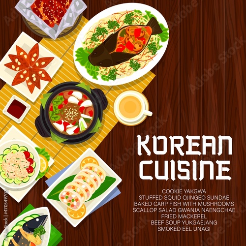 Korean cuisine food, menu cover and restaurant lunch dishes vector poster. Asian traditional food and Korea cuisine menu with scallop salad, beef soup, fried mackerel and baked shrimp with mushrooms