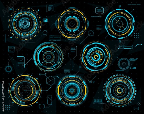 HUD futuristic graph, circular interface panels. Sci Fi technology radars, visual data futuristic vector diagrams with neon blue and yellow circles, computer game UI elements or military aim targets