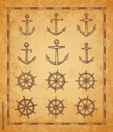 Anchor and helm sketches, vintage antique map vector elements. Old parchment paper with ancient sea ship wheels or sail boat rudders, helms and anchors, nautical navigation, pirates or marine travel