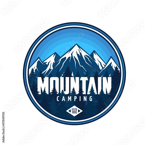 Mountain camping icon, tourism and rock climbing vector round label with rocks top and snowy peaks. Travel emblem for hiking adventure or expedition with steep rocky hills and crests nature landscape