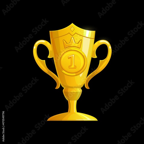 Winner golden cup, vector gold trophy for first place prize award. Champion goblet with cap, crown and handles, number one winner trophy, contest victory achievement, success celebration ui object