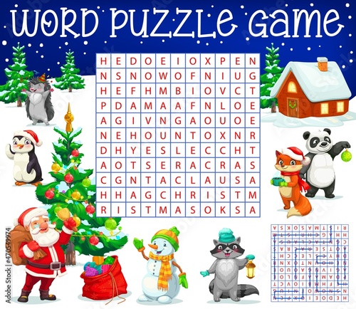 Christmas tree, cartoon forest animals and Santa, word search puzzle game worksheet, vector quiz grid. Kids find a word riddle to guess Christmas characters penguin and snowman with new year gifts