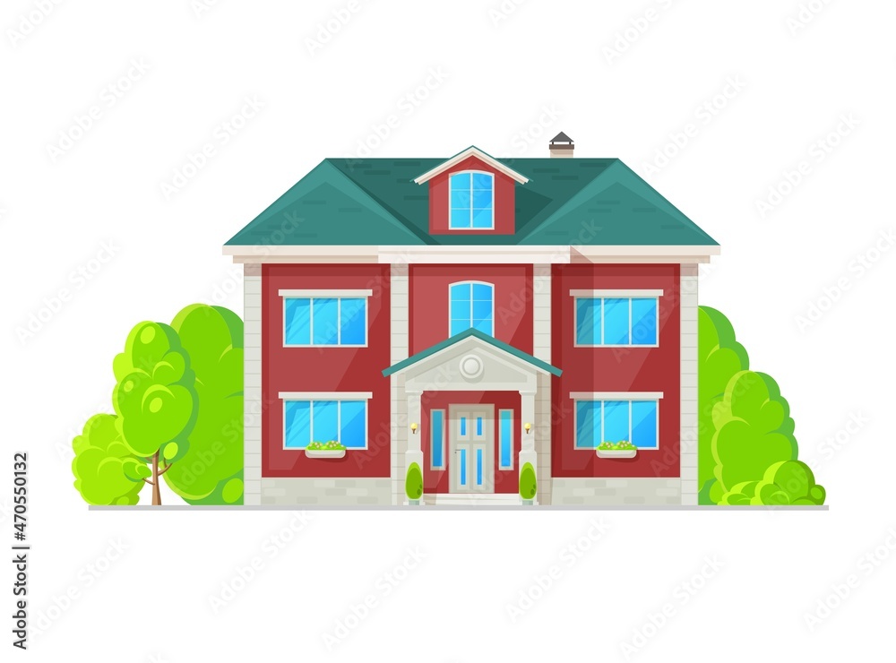 Modern house facade exterior, home flat or villa building, vector country neighborhood or suburban apartments. Residential house or cottage and village townhouse, real estate architecture icon