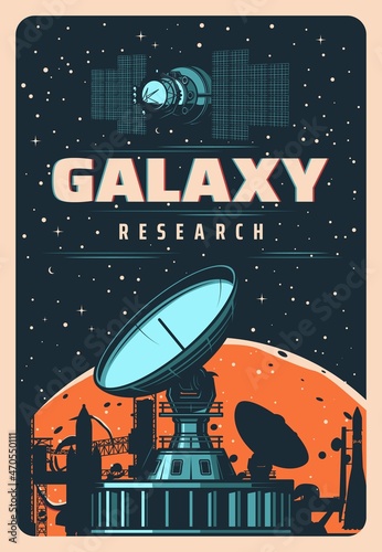Astrophysical laboratory and space satellite. Galaxy research vector poster, observatory antenna dish on full moon and starry sky background. Cosmic exploration, outer cosmos explore vintage card