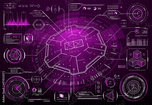 HUD futuristic prison security interface screen, safeguard movement and cameras controls, vector hologram display. HUD technology virtual jail or prison cells with monitoring panel or dashboard
