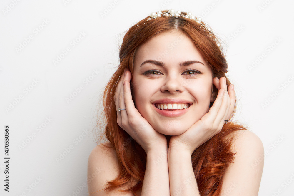 woman bare shoulders red hair makeup glamor smile model