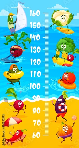 Funny vegetables on summer vacation. Kids height chart, growth measure meter. Vector wall sticker scale with cartoon avocado, pepper, tomato and eggplant, cabbage and veggie characters on beach